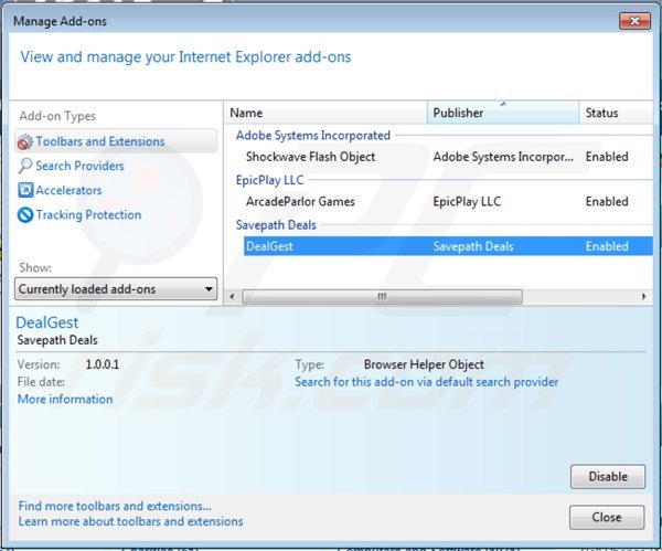 Removing dealgest ads from Internet Explorer step 2