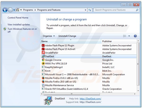 dealgest adware uninstall via Control Panel