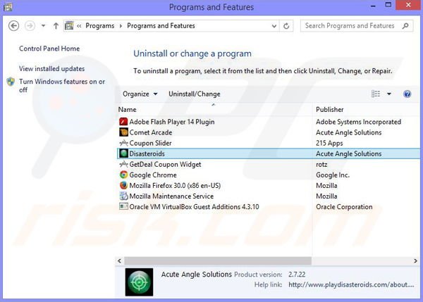 Disasteroids adware uninstall via Control Panel