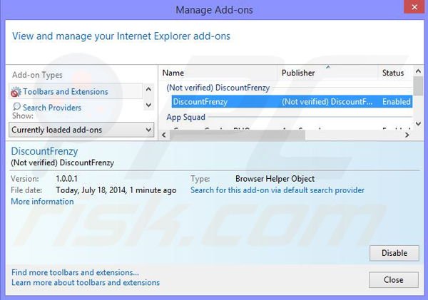 Removing Discount Frenzy ads from Internet Explorer step 2