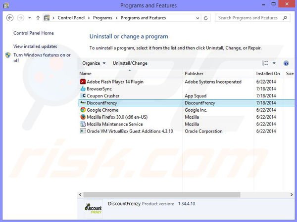 Discount Frenzy adware uninstall via Control Panel