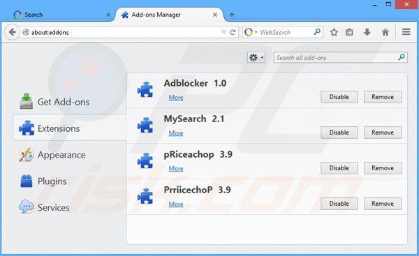 Removing websearch.flyandsearch.info related Mozilla Firefox extensions