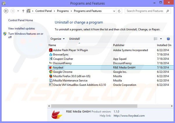 foxydeal adware uninstall via Control Panel