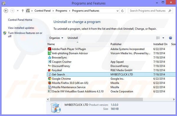 Uninstall Get-Search browser hijacker via control panel