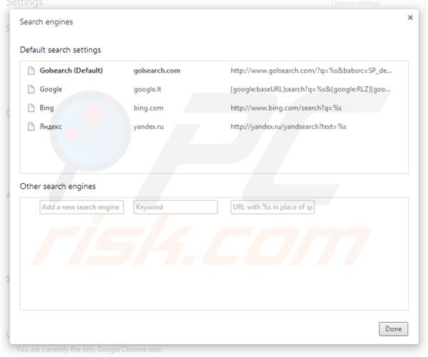 Removing golsearch.com from Google Chrome default search engine
