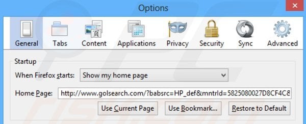 Removing golsearch.com from Mozilla Firefox homepage