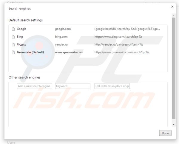 Removing groovorio.com from Google Chrome default search engine