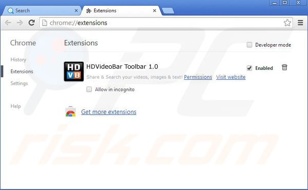 Remove HDVideoBar browser hijacker from Google Chrome step 1