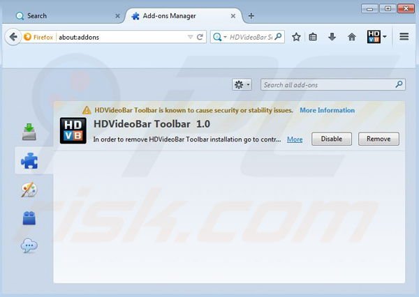 Remove HDVideoBar browser hijacker from Mozilla Firefox step 1