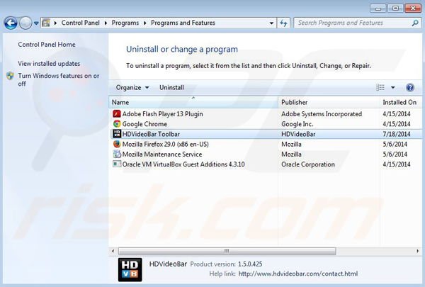 Uninstall HDVideoBar browser hijacker via control panel