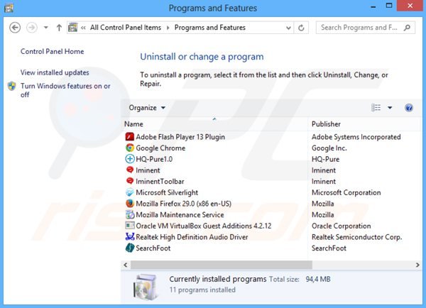 hq-pure adware uninstall via Control Panel