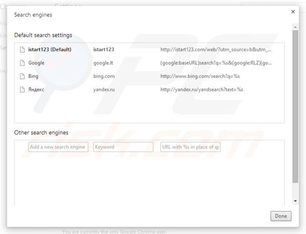 Removing istart123.com from Google Chrome default search engine