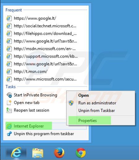 Removing istart123.com from Internet Explorer shortcut target step 1