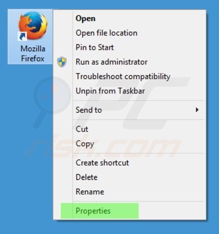 Removing istart123.com from Mozilla Firefox shortcut target step 1
