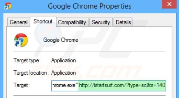 Removing istartsurf.com from Google Chrome shortcut target step 2