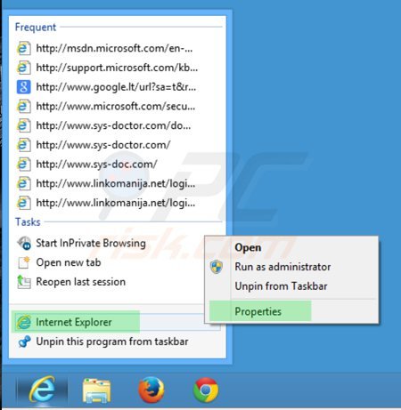Removing istartsurf.com from Internet Explorer shortcut target step 1