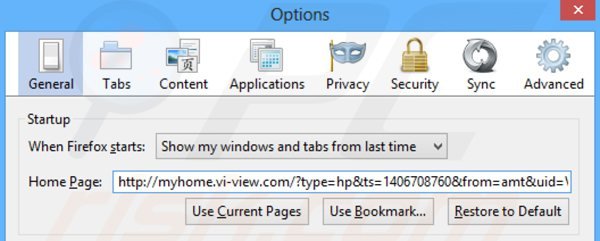 Removing myhome.vi-view.com from Mozilla Firefox homepage
