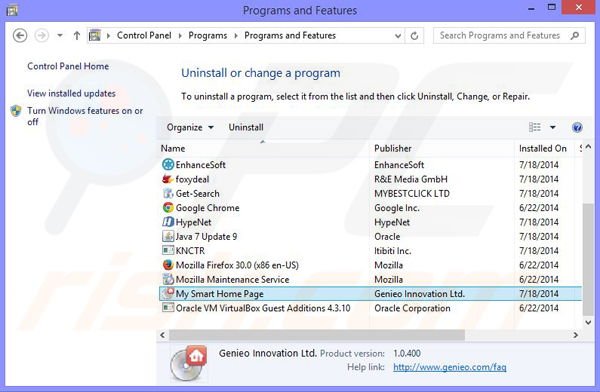 Uninstall My Smart Homepage browser hijacker via control panel