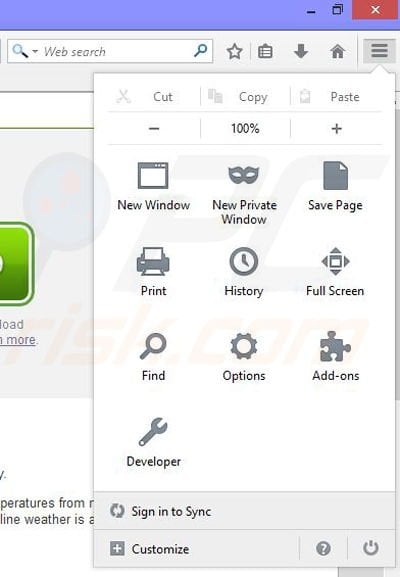 Removing Online Weather ads from Mozilla Firefox step 1