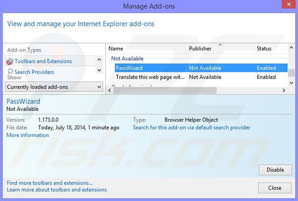 Removing PassWizard ads from Internet Explorer step 2