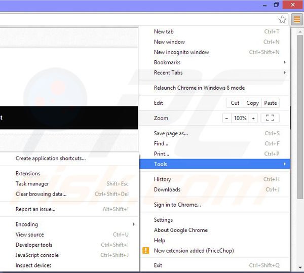 Removing PriceChop ads from Google Chrome step 1