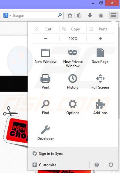 Removing PriceChop ads from Mozilla Firefox step 1