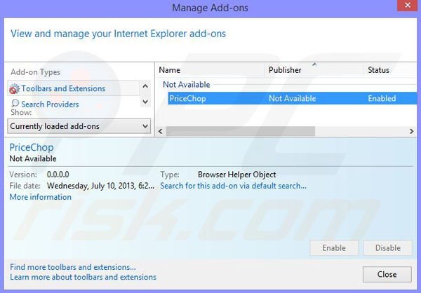 Removing PriceChop ads from Internet Explorer step 2