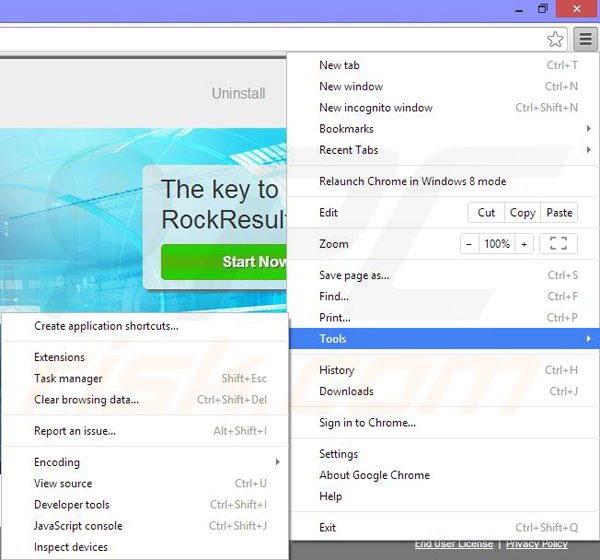 Removing RockResult from Google Chrome step 1