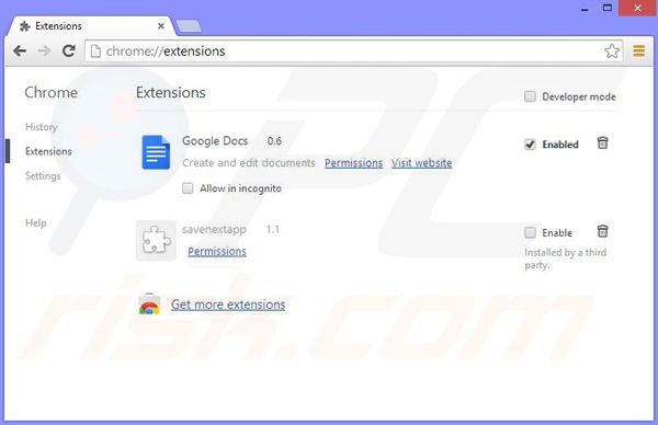 Removing Savenext ads from Google Chrome step 2