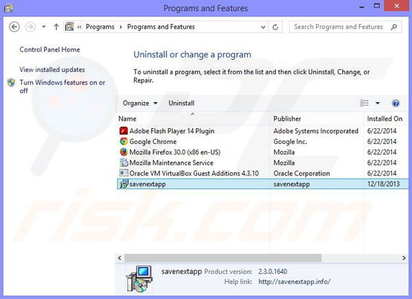 Savenext adware uninstall via Control Panel