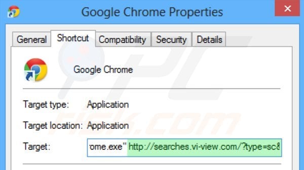 Removing searches.vi-view.com from Google Chrome shortcut target step 2