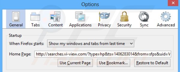 Removing searches.vi-view.com from Mozilla Firefox homepage