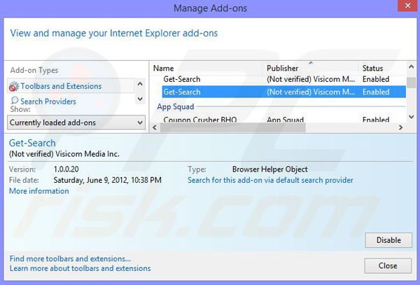 Removing Severe Weather Alerts ads from Internet Explorer step 2