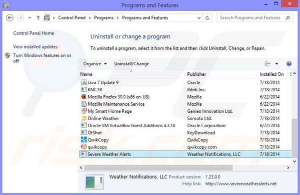 Severe Weather Alerts adware uninstall via Control Panel