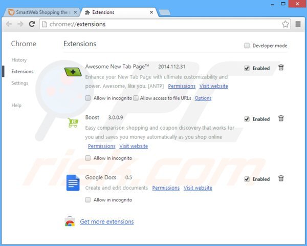 Removing smartweb ads from Google Chrome step 2