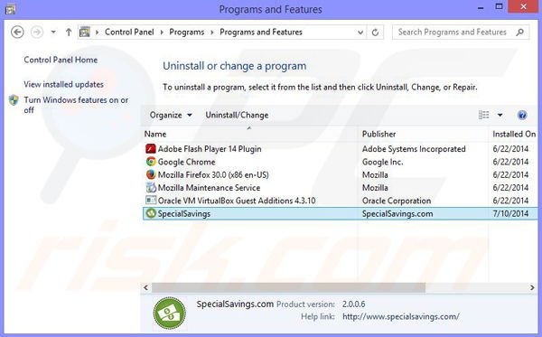 Special Savings adware uninstall via Control Panel