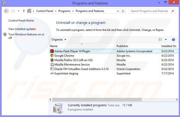 SuperIntext adware uninstall via Control Panel