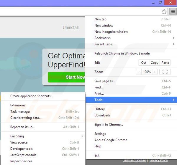Removing UpperFind from Google Chrome step 1