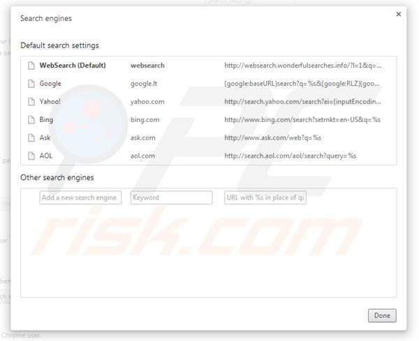 Removing websearch.wonderfulsearches.info from Google Chrome default search engine