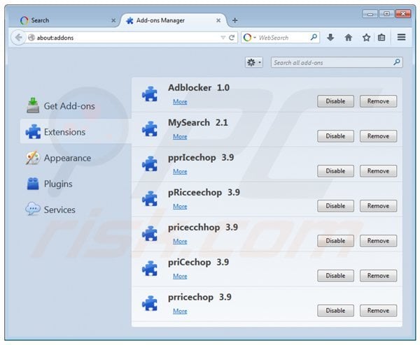 Removing websearch.wonderfulsearches.info related Mozilla Firefox extensions