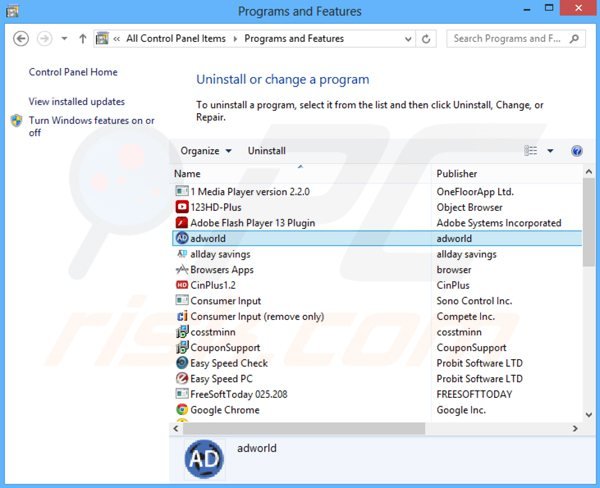 adworld adware uninstall via Control Panel