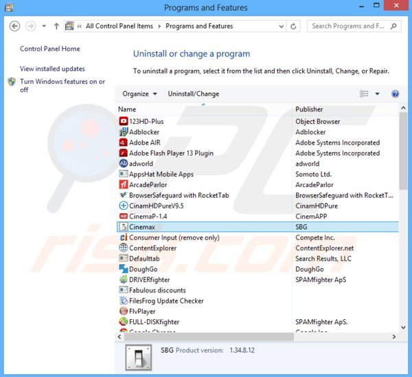 cinemax adware uninstall via Control Panel