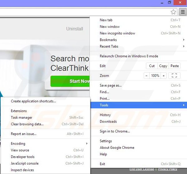 Removing ClearThink from Google Chrome step 1