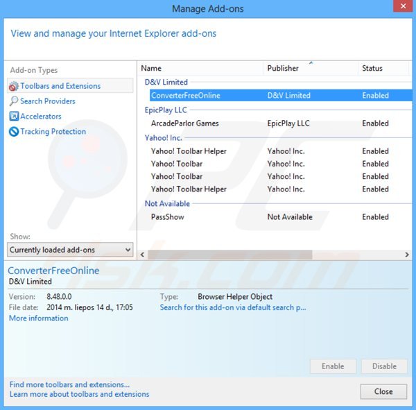 Removing converter free online from Internet Explorer step 2