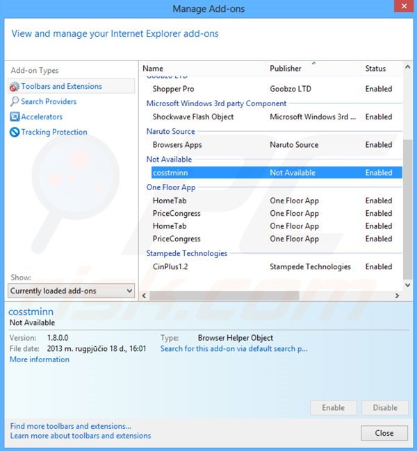 Removing cosstminn ads from Internet Explorer step 2