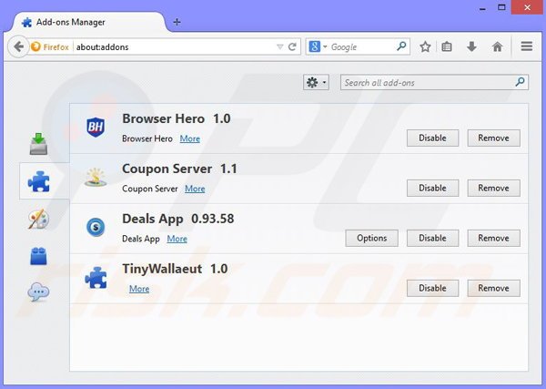 Removing Coupon Addon ads from Mozilla Firefox step 2