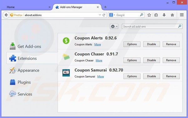 Removing CouponScanner ads from Mozilla Firefox step 2