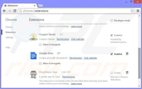 Removing DiscountWizard ads from Google Chrome step 2