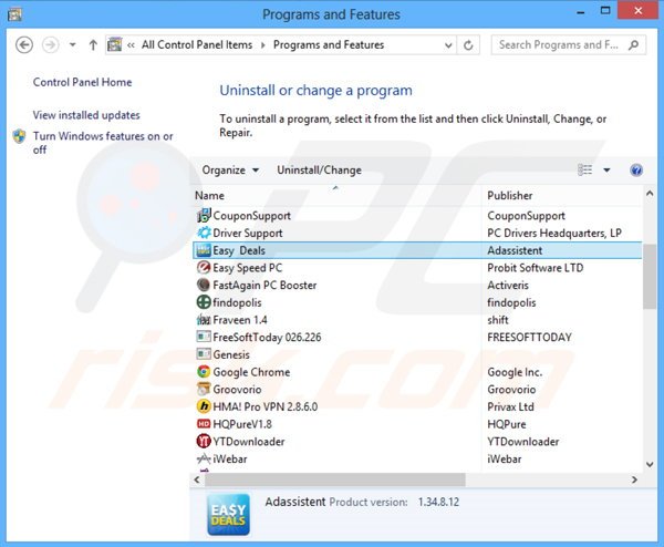 Easy Deals adware uninstall via Control Panel