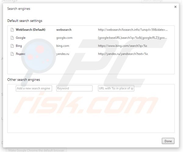 Removing websearch.fixsearch.info from Google Chrome default search engine